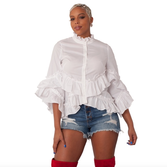 NEW White 100% Cotton Ruffle Top on sleeves and hem button front sz M - Picture 8 of 17